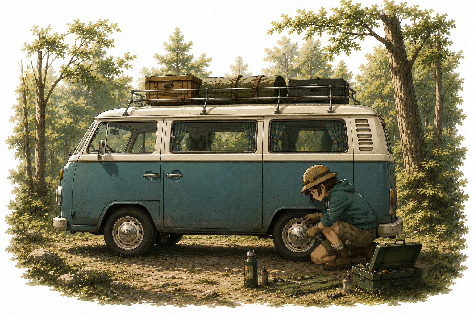 Scout repairing Wanderer in a woodland clearing.
